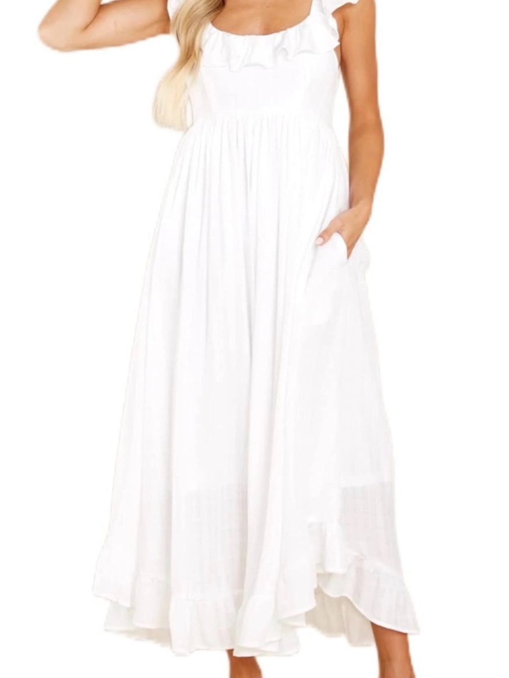 Women’s White Ruffle-Trim Maxi Dress with Pockets